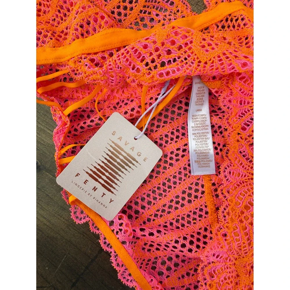 Savage X Fenty Stranded in Lace Crochet Teddy Neon Pink Orange L NWT Lingerie